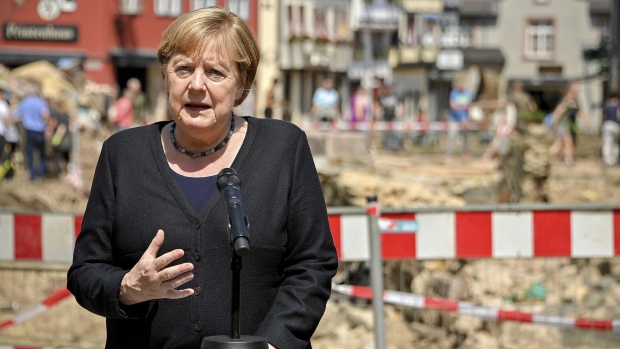 EUSKIRCHEN, GERMANY - JULY 20: German Chancellor Angela Merkel speaks after inspecting the damage following heavy flooding of the river Erft caused severe destruction in the village of Bad Muenstereifel on July 20, 2021 in Euskirchen, Germany. Large parts of western Germany and central Europe were hit by flash floods in the night of 14 to 15 July, following days of continuous rain that destroyed buildings and swept away cars. The total number of victims in the flood disaster in western Germany has risen to at least 164, with many hundreds still missing. (Photo by Sascha Steinbach- Pool/Getty Images)