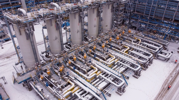 Absorber columns at the Gazprom PJSC Slavyanskaya compressor station, the starting point of the Nord Stream 2 gas pipeline, in Ust-Luga, Russia, on Thursday, Jan. 28, 2021. Nord Stream 2 is a 1,230-kilometer (764-mile) gas pipeline that will double the capacity of the existing undersea route from Russian fields to Europe -- the original Nord Stream -- which opened in 2011. Photographer: Andrey Rudakov/Bloomberg