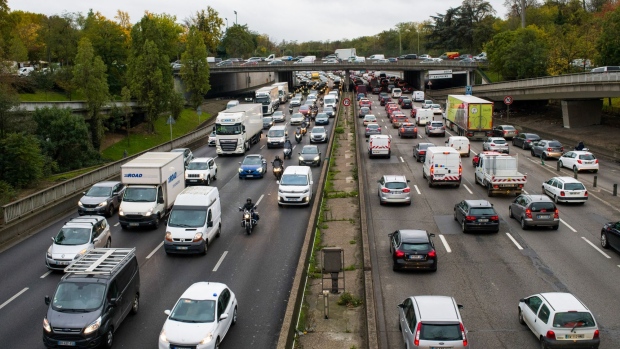 Traffic on a freeway, ahead of a national lockdown, around Paris, France, on Thursday, Oct. 29, 2020. Germany and France will clamp down on movement for at least a month, coming close to the stringent lockdowns in the spring as Europe seeks to regain control of the rapid spread of the coronavirus.