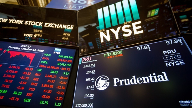 A monitor displays Prudential Financial Inc. signage on the floor of the New York Stock Exchange (NYSE) in New York, U.S., on Thursday, Oct. 11, 2018. U.S. stocks fell for a sixth day, extending the longest losing streak of Donald Trump's presidency, as energy shares plunged and a rally in tech failed to lift the broader market. Photographer: Michael Nagle/Bloomberg