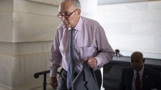 Senate Majority Leader Chuck Schumer, a Democrat from New York, arrives at the U.S. Capitol in Washington, D.C., U.S., on Wednesday, July 21, 2021. Senate Republicans are set to thwart the majority leaders attempt to speed President Bidens agenda through the chamber by blocking his bid to start Senate debate on a yet-unfinished infrastructure plan.