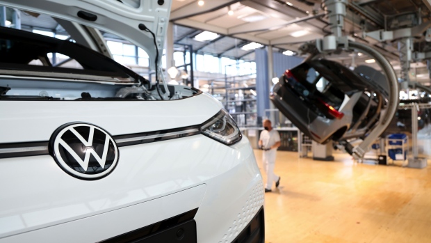 A Volkswagen AG (VW) ID.3 electric automobile on the assembly line at the automaker's factory in Dresden, Germany.
