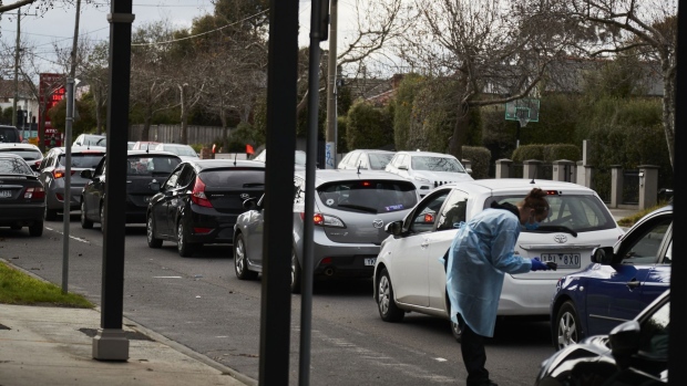 A drive-thru Covid-19 testing facility set up in the Fairfield suburb of Melbourne, Australia, on Thursday, July 22, 2021. Australia has been hit hard by renewed infections from the delta strain of coronavirus that has now pushed half of the country into lockdown, including its two largest cities.