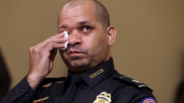 U.S. Capitol Police officer Sgt. Aquilino Gonell testifies before the House Select Committee investigating the January 6 attack on the U.S. Capitol on July 27, 2021 at the Canon House Office Building in Washington, D.C. 
