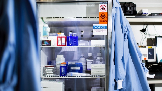 Chemicals sit inside a refrigerator at a lab in Cambridge, Massachusetts.