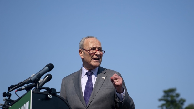 Senate Majority Leader Chuck Schumer, a Democrat from New York, speaks during a "Climate Action Now" news conference outside the U.S. Capitol in Washington, D.C., U.S., on Wednesday, July 28, 2021. Senators negotiating the terms of a $579 billion infrastructure plan chipped away at some of the issues that had been holding up an agreement but have yet to find a breakthrough on other differences that would seal an agreement and lead to a vote on legislation.