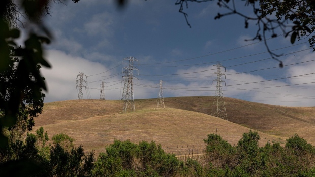 Transmission towers during a drought in Solano County, California.