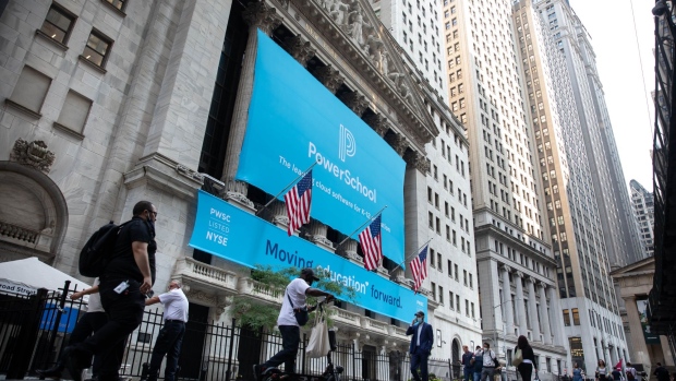 PowerSchool signage during the company's initial public offering, in front of the New York Stock Exchange (NYSE) in New York, U.S., on Wednesday, July 28, 2021. U.S. futures drifted and stocks were mixed as investors weighed earnings from technology heavyweights. Treasuries fell ahead of the Federal Reserve’s rate decision.
