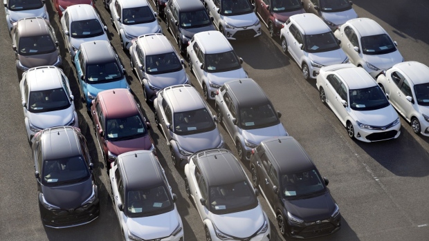 Toyota Motor Corp. vehicles bound for shipment at a port in Yokohama, Japan, on Saturday, Oct. 31, 2020. Japan’s exports fell by the smallest margin in seven months in September in another sign that the pandemic’s hit on global trade is easing. Photographer: Toru Hanai/Bloomberg