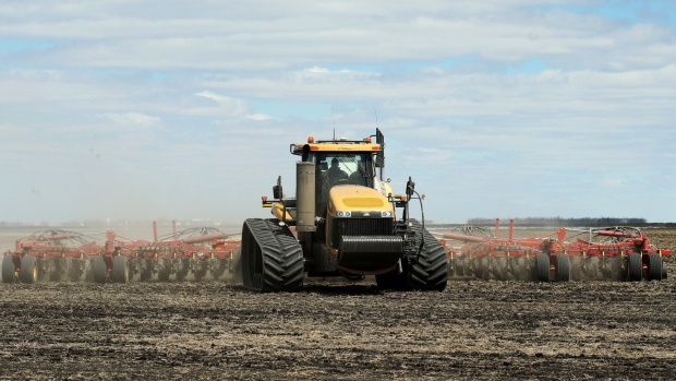 An AGCO Challenger tractor pulls a Bourgault Tillage Tools air seeder while planting canola seed. Photographer: Shannon VanRaes/Bloomberg