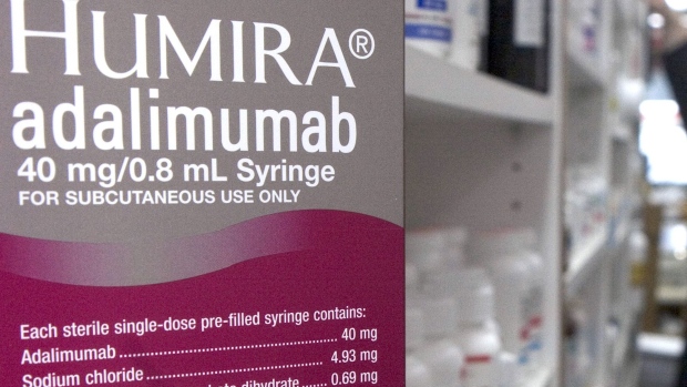 Humira, the injectable rheumatoid arthritis treatment is pictured in a pharmacy in Cambridge, Massachusetts on Wednesday, January 25, 2006. Abbott Laboratories said fourth-quarter sales were lifted by surging demand for its arthritis treatment while Bristol-Myers Squibb Co. said revenue fell as it faces a patent fight on its best-selling product.