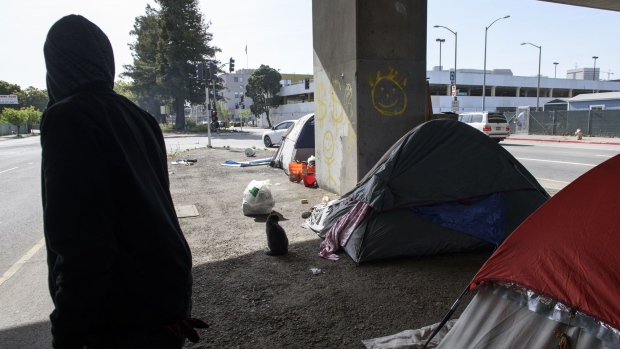 Tents line a sidewalk under an overpass at the 27th and Northgate homeless encampment in Oakland, California.
