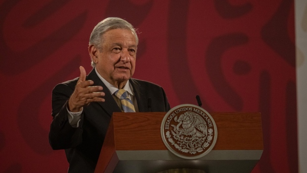 Andres Manuel Lopez Obrador, Mexico's president, speaks during a news conference at the National Palace in Mexico City, Mexico, on Thursday, Sep. 17, 2020. President Lopez Obrador said he won't confront the U.S. after a memo by the White House stated that Mexico must do more to fight the drug trade.