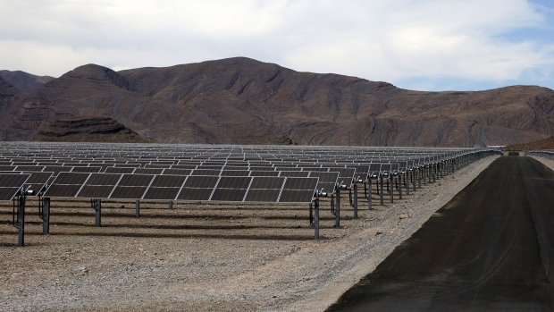 DRY LAKE VALLEY, NEVADA - JUNE 28: Solar panels from the 100-megawatt MGM Resorts Mega Solar Array are shown after it was launched on June 28, 2021 in Dry Lake Valley, Nevada. The project sits on 640 acres of desert about 30 miles north of the Las Vegas Strip in the Dry Lake Solar Energy Zone. Its 323,000 7-by-3-foot solar panels are forecast to generate about 300,000 megawatt-hours - about 35 percent of MGM's annual electricity use in Las Vegas - making it the hospitality industry's largest directly sourced renewable electricity project in the world. All the solar power generated is scheduled for use by MGM Resorts. On hot summer or spring days, the array can produce up to 90 percent of the daytime power needs of MGM's 13 Las Vegas properties which is equivalent to the power used by about 27,000 average U.S. homes annually. (Photo by Ethan Miller/Getty Images)