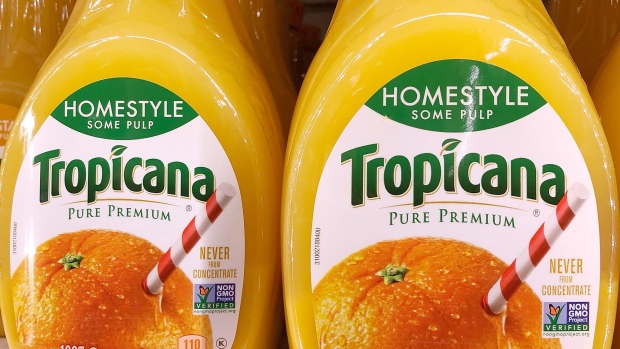SAN RAFAEL, CA - OCTOBER 29: 52 ounce bottles of Tropicana orange juice are displayed on a shelf at a grocery store on October 29, 2018 in San Rafael, California. With a seasonal shortage of oranges and grapefruit, U.S. based orange juice makers, including Tropicana and Minute Maid, have downsized their bottles from 59 ounces to 52 ounces without lowering the price of the product. (Photo by Justin Sullivan/Getty Images)
