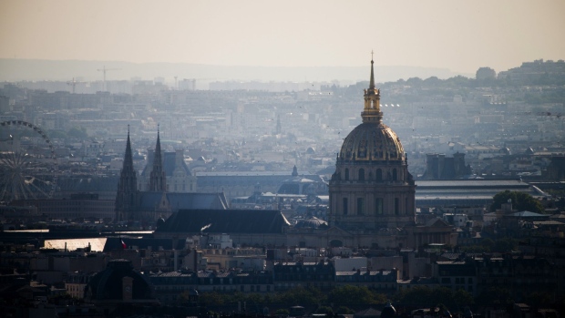The Dome des Invalides church stands on the city skyline, as viewed from the Generali Baloon hot air research balloon as it performs air quality checks in Paris, France, on Saturday, July 18, 2020. The French state was scolded by judges for failing to properly tackle air pollution and given a six-month ultimatum to clean up or face millions of euros in fines.