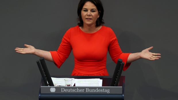 Annalena Baerbock, co-leader of the Green Party, gestures while speaking in the Bundestag in Berlin, Germany, on Thursday, June 24, 2021. Chancellor Angela Merkel's speech today could very well be her last in the Bundestag.