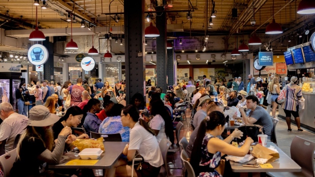 Customers dine indoors at Reading Terminal Market in Philadelphia, Pennsylvania, U.S., on Saturday, July 31, 2021. Philadelphia, as well as Montgomery and Delaware counties, are seeing "substantial" levels of COVID-19 transmission, according to the Centers for Disease Control and Prevention.