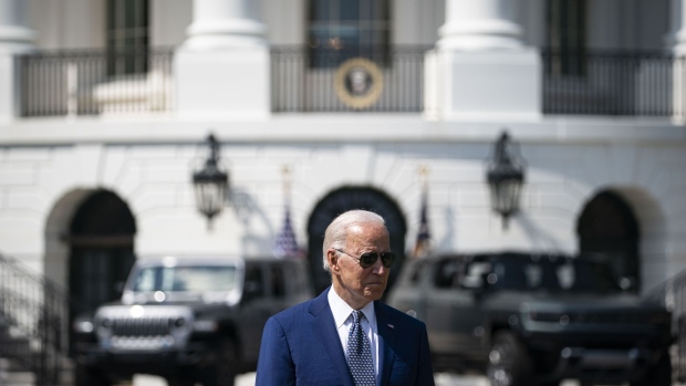 U.S. President Joe Biden speaks during an event on the South Lawn of the White House in Washington, D.C., U.S., on Thursday, Aug. 5, 2021. Biden has called for half of all vehicles sold in the U.S. to be capable of emissions-free driving by the end of the decade, an ambitious goal that automakers say can only be achieved with bigger government investment in charging stations and other infrastructure. Photographer: Al Drago/Bloomberg