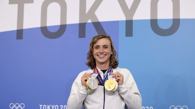 TOKYO, JAPAN - JULY 31: Katie Ledecky of Team USA poses with her two Gold and two Silver medals after a giving a press conference to the media during the Tokyo Olympic Games on July 31, 2021 in Tokyo, Japan. (Photo by Laurence Griffiths/Getty Images) Photographer: Laurence Griffiths/Getty Images AsiaPac