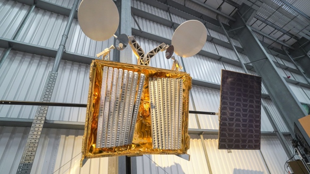 NEWQUAY, ENGLAND - AUGUST 02 : A OneWeb satellite on the opening day of the Story of a Satellite summer exhibition at Spaceport Cornwall on Aug 2, 2021 in Newquay, England. Spaceport Cornwall is aiming to launch its first satellites in spring of 2022. (Photo by Hugh Hastings/Getty Images)