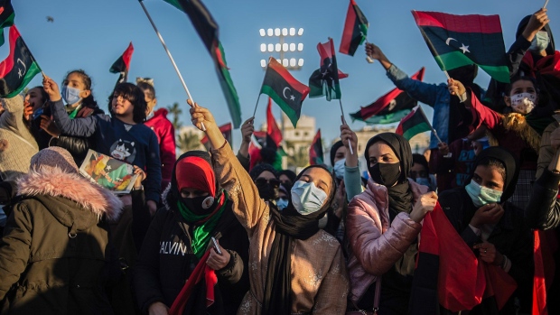 Demonstrators commemorate the tenth anniversary of the Arab Spring in Martyrs Square in Tripoli, Libya on Feb. 17.