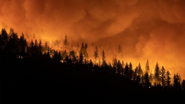 GREENVILLE, CA - AUGUST 5: The Dixie Fire burns on a mountain ridge sending embers into the air on August 5, 2021 in Greenville, California. (Photo by Trevor Bexon/Getty Images)