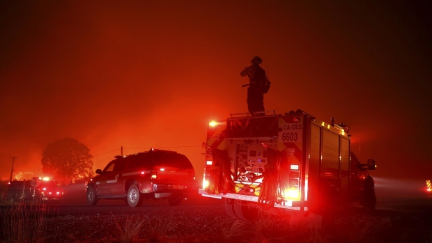 A hillside burns during the Caldor Fire along Mormon Emigrant Trail near Pollock Pines, California, on Aug. 17.