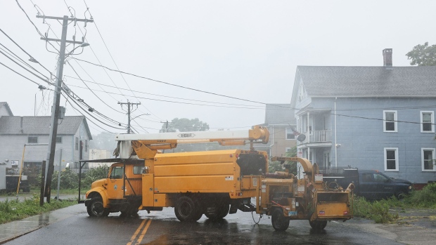 A truck blocks access to a road as Tropical Storm Henri prepares to make landfall on August 22, 2021 in New London, Connecticut. A federal storm warning was declared in Connecticut after Hurricane Henri was downgraded from a category 1 hurricane to a tropical storm on Sunday morning. (Photo by Michael M. Santiago/Getty Images)