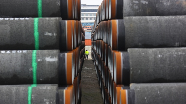 Sections of Nord Stream 2 gas pipeline at the Baltic port of Mukran in Sassnitz, Germany, on Wednesday, Nov. 4, 2020. Chancellor Angela Merkel’s district on the Baltic coast was the site of the last major Soviet military project in communist East Germany and is now at the center of a deepening rift between Cold War allies. Photograph: Alex Kraus/Bloomberg
