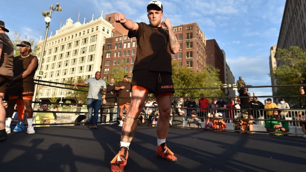 CLEVELAND, OHIO - AUGUST 25: Jake Paul poses for photos during a media workout at Cleveland Public Square prior to his August 29 fight with Tyron Woodley on August 25, 2021 in Cleveland, Ohio. (Photo by Jason Miller/Getty Images)