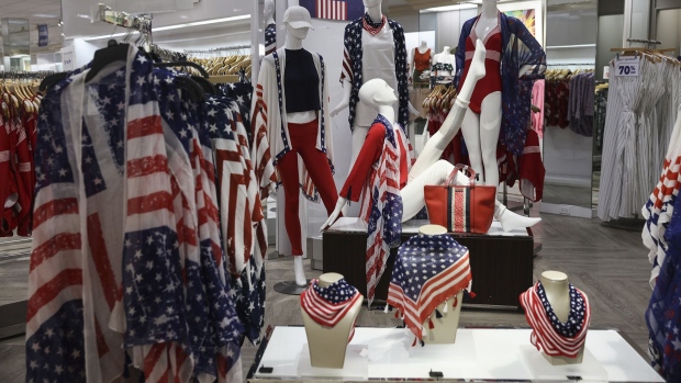 American flag themed clothing for sale inside a Shopper's Find location, a former Lord & Taylor store that went bankrupt last year, at the Willowbrook Mall in Wayne, New Jersey.