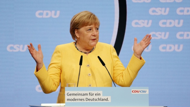 Angela Merkel, Germany's chancellor, speaks during the Christian Democratic Union (CDU) and Christian Social Union (CSU), election campaign launch in Berlin, Germany, on Saturday, Aug. 21, 2021. Germany will elect a new leader after 16 years under Chancellor Angela Merkel on Sept. 26.