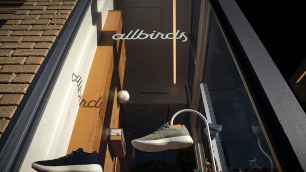 Sneakers displayed at an Allbirds store in the Georgetown neighborhood of Washington, D.C., U.S., on Wednesday, Feb. 17, 2021. Allbirds Inc., branding itself as an eco-friendly company that makes the "world’s most comfortable shoes," last September raised $100 million in a Series E round from large investment firms like T. Rowe Price and Franklin Templeton.