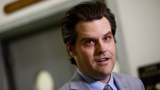Representative Matt Gaetz, a Republican from Florida, speaks to the press in the Rayburn House Office building in Washington, D.C., U.S., on Friday, June 4, 2021. Former White House Counsel Donald McGahn is testifying behind closed doors to the House Judiciary Committee about Russia's interference in the 2016 election after a long-running legal dispute over his refusal to comply with a committee subpoena.