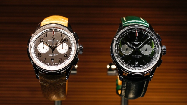 Premier luxury wristwatches, produced by Breitling AG, stand on display during day two of the 2019 Baselworld luxury watch and jewellery fair in Basel, Switzerland.