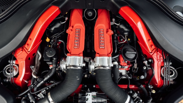 The 3.9-liter V8 engine is seen in the Ferrari Portofino vehicle in New York, U.S., on Thursday, Aug. 16, 2018. The Portofino is the replacement to the humble California T, which debuted 10 years ago and has since become Ferrari's all-time best-seller. Photographer: Cesar Soto/Bloomberg