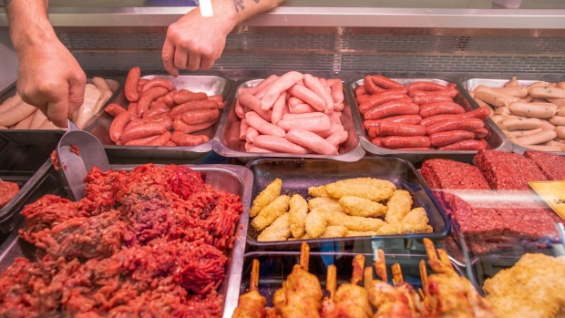 Sausages, mince and other produce on display at Hodge's Butchers, who source their meat locally, in Larne, Northern Ireland, U.K., on Wednesday, June 9, 2021. Officials from Britain and the European Union are meeting on Wednesday to try and defuse a row over Northern Ireland that threatens to spill over into this week’s Group of Seven summit. Photographer: Paul Faith/Bloomberg