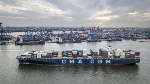 A CMA CGM container ship departs Tianjin Port in Tianjin, China, on Sunday, Sept. 5, 2021. China's export growth unexpectedly surged in August, with port disruptions due to fresh outbreaks of the delta virus having limited impact on trade. Photographer: Gilles Sabrie/Bloomberg