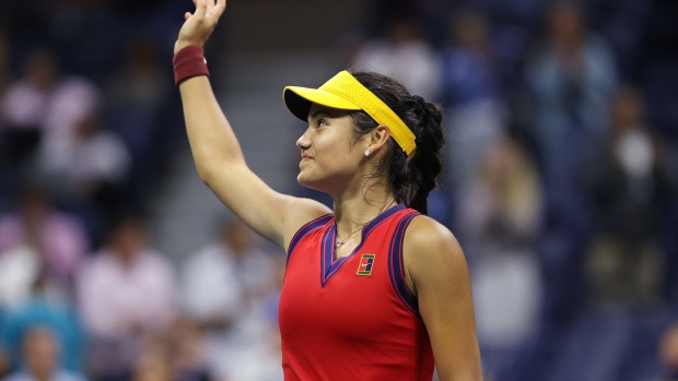 Emma Raducanu celebrates defeating Maria Sakkari of Greece during their Women’s Singles semifinals match on Day Eleven of the 2021 US Open on Sept. 9, 2021.