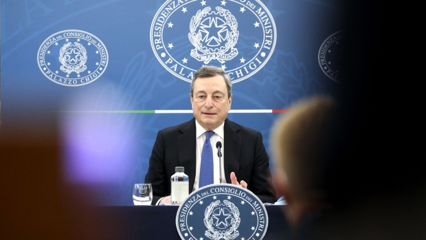 Mario Draghi, Italy's prime minister, speaks during a news conference in Rome, Italy, on Friday, April 16, 2021. Draghi told reporters in Rome that the country will start reopening activities from April 26, as coronavirus contagions slow. Photographer: Alessia Pierdomenico/Bloomberg
