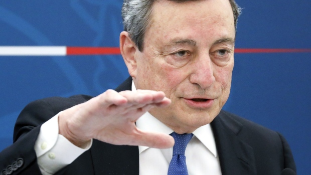 Mario Draghi, Italy's prime minister, gestures as he speaks during a news conference in Rome, Italy, on Friday, April 16, 2021. Draghi told reporters in Rome that the country will start reopening activities from April 26, as coronavirus contagions slow.