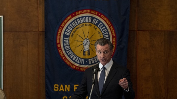 Gavin Newsom, governor of California, speaks at an IBEW Local 6 event during the gubernatorial recall election in San Francisco, U.S., on Tuesday, Sept. 14, 2021. Californians are heading to the polls Tuesday to decide whether to oust Newsom in only the second gubernatorial recall election in state history.