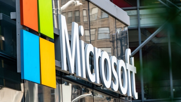 Microsoft signage is displayed outside a Microsoft Technology Center in New York, U.S., on Wednesday, July 22, 2020. Microsoft Corp. is set to post quarterly results after the closing bell and the tech bellwether's performance will likely uphold its standing as a darling of Wall Street.