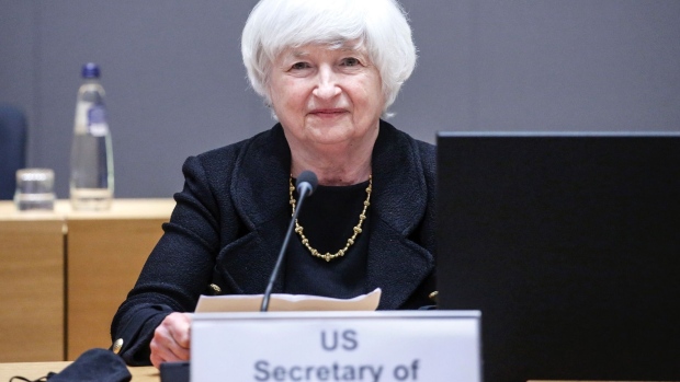 Janet Yellen, U.S. Treasury secretary, ahead of round table talks at a Eurogroup meeting of European Union (EU) finance ministers in Brussels, Belgium, on Monday, July 12, 2021. U.S. Treasury Secretary Janet Yellen will press EU officials in Brussels this week to reconsider their plan to propose a digital levy after securing the Group of Twenty’s endorsement for the principles of a global corporate-tax agreement. Photographer: Valeria Mongelli/Bloomberg