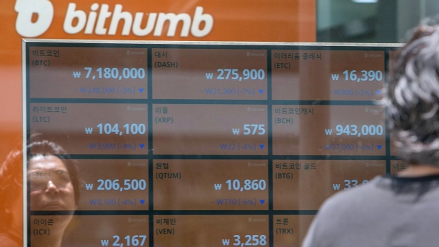Men look at monitors displaying the prices of cryptocurrencies at a Bithumb exchange office in Seoul, South Korea, on Wednesday, June 20, 2018. Virtual currencies dropped after Bithumb, the second South Korean exchange in as many weeks, said it was the victim of a theft, renewing concerns about the safety of digital-asset trading venues.