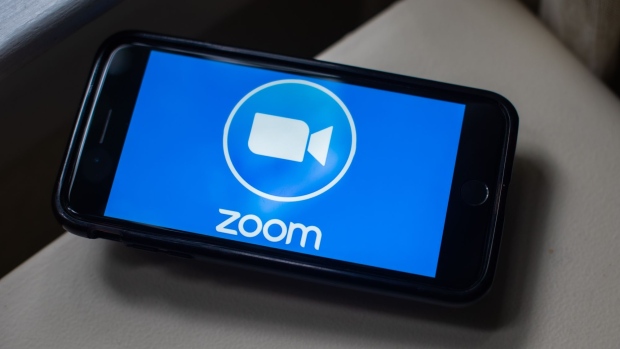 The Zoom Video Communications Inc. logo on a smartphone arranged in Dobbs Ferry, New York, U.S.