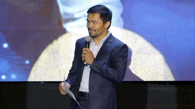 GENERAL SANTOS, PHILIPPINES - DECEMBER 17: Boxer Manny Pacquiao speaks as he celebrates his 39th birthday at KCC convention center on December 17, 2017 in General Santos, Philippines. (Photo by Jeoffrey Maitem/Getty Images)