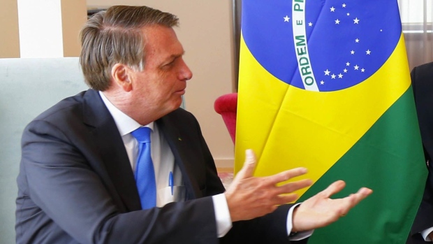 NEW YORK, NEW YORK - SEPTEMBER 20: Brazil’s president Jair Bolsonaro and British Prime Minister Boris Johnson sit for a bilateral meeting at the UK diplomatic residence on September 20, 2021 in New York City. The British prime minister is one of more than 100 heads of state or government to attend the 76th session of the UN General Assembly in person, although the size of delegations are smaller due to the Covid-19 pandemic. (Photo by Michael M. Santiago-Pool/Getty Images)