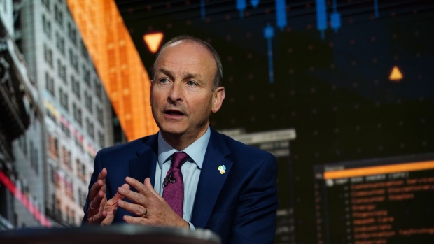 Micheal Martin, Ireland’s prime minister, speaks during a Bloomberg Television interview in New York, U.S., on Monday, Sept. 20, 2021. Martin said he's supportive of a global tax accord but isn't ready to sign on just yet.